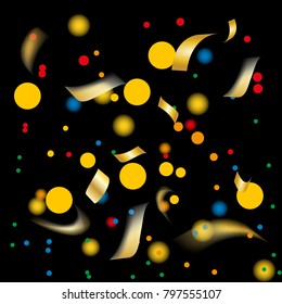 Golden and Colorful Confetti. Vector Festive Illustration of Falling Shiny Confetti Glitters Isolated on Transparent Checkered Background. Holiday Decorative Tinsel Element for Design