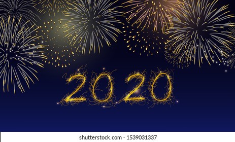 golden colorful firework set bursting in the blue sky at night in vector illustration. concept for background template for celebration in 2020 new year and Christmas festive seasonal