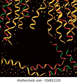 Golden and colorful serpentine ribbons with golden dust on black  background. vector illustration. good for your design