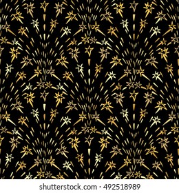 Golden colors doodle style firecrackers. Repeatable decorative background. Abstract hand drawn gold fireworks elements. Seamless pattern. Vector illustration.