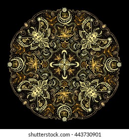 Golden colors mandala. Hand drawn zenart with night moths, lotuses, moons. Round lacy ornament for print or t-shirt fashion design. Spirituality and magic concept. Vector illustration.