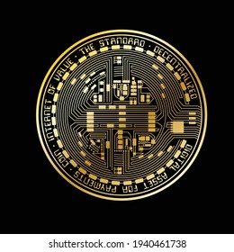 Golden colour crypto coin silhouette isolated on black background