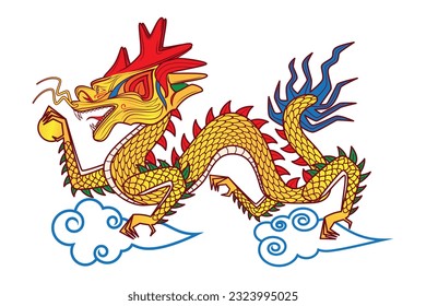 Golden colourful Chinese dragon or loong long or lung – Chinese legendary creature with red horn holding or caught golden pearl or ball and Chinese clouds drawing in vector