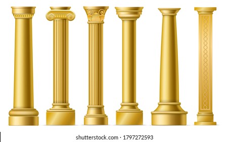 Columnas doradas. Columnas clásicas de oro antiguo, columna de piedra histórica romana, fachada de escultura histórica de grecia antigua, vector de columnata de mármol 3D elementos aislados