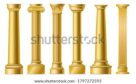 Golden columns. Classic antique gold pillars, roman historical stone column, ancient greece historic architecture sculpture facade, marble colonnade vector 3D isolated elements set