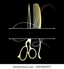 Golden comb scissors and hair curl, beauty salon banner sign