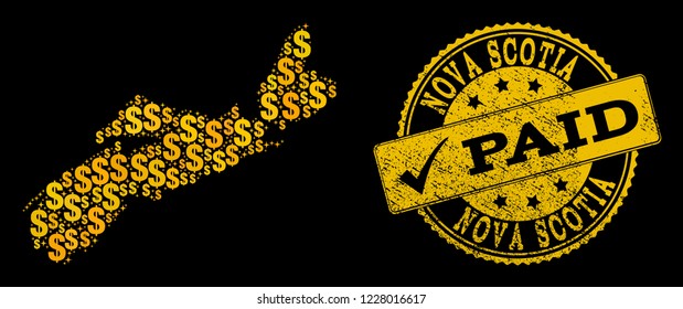 Golden combination of dollar mosaic map of Nova Scotia Province and paid grunge seal stamp. Vector imprint with grunge rubber texture and PAID text.