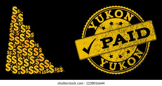 Golden combination of dollar mosaic map of Yukon Province and paid corroded seal stamp. Vector seal with corroded rubber texture and PAID caption.