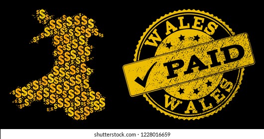 Golden combination of dollar mosaic map of Wales and paid rubber seal stamp. Vector watermark with grunge rubber texture and PAID caption.