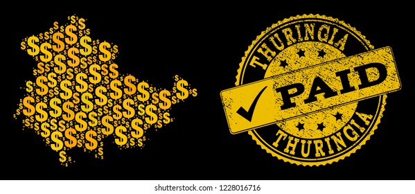 Golden combination of dollar mosaic map of Thuringia State and paid unclean seal. Vector seal with unclean rubber texture and PAID caption.