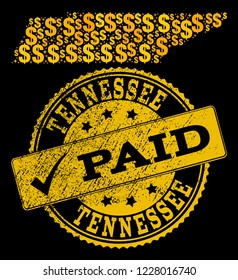 Golden combination of dollar mosaic map of Tennessee State and paid unclean seal stamp. Vector seal with grunge rubber texture and PAID message.