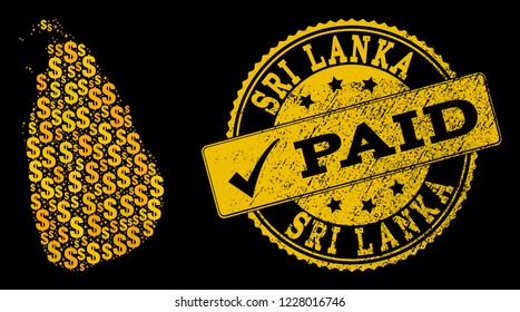 Golden combination of dollar mosaic map of Sri Lanka and paid rubber seal stamp. Vector seal with grunge rubber texture and PAID caption.