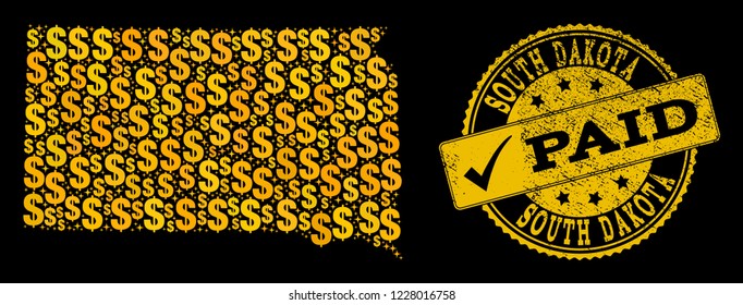 Golden combination of dollar mosaic map of South Dakota State and paid rubber stamp. Vector watermark with distress rubber texture and PAID caption.