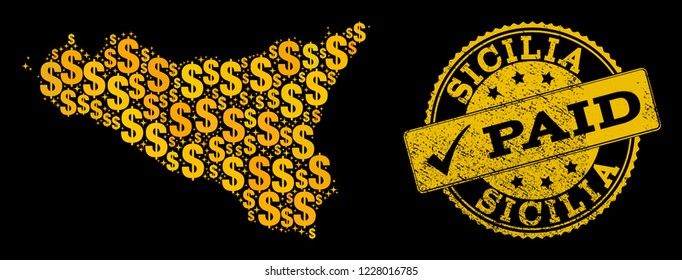 Golden combination of dollar mosaic map of Sicilia Island and paid rubber seal stamp. Vector imprint with scratched rubber texture and PAID text.