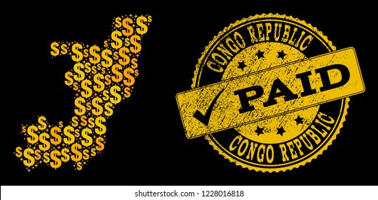 Golden combination of dollar mosaic map of Republic of the Congo and paid rubber seal stamp. Vector seal with distress rubber texture and PAID text.