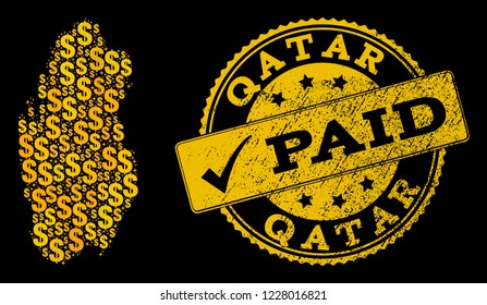 Golden combination of dollar mosaic map of Qatar and paid rubber seal stamp. Vector imprint with distress rubber texture and PAID caption.