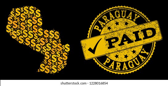Golden combination of dollar mosaic map of Paraguay and paid rubber seal. Vector imprint with distress rubber texture and PAID caption.