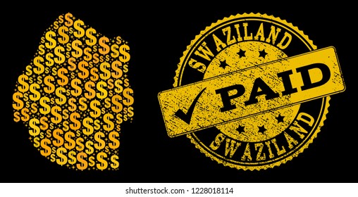 Golden combination of dollar mosaic map of Swaziland and paid scratched seal. Vector seal with corroded rubber texture and PAID text.