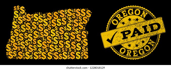 Golden combination of dollar mosaic map of Oregon State and paid rubber seal. Vector seal with distress rubber texture and PAID caption.
