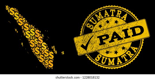 Golden combination of dollar mosaic map of Sumatra Island and paid rubber seal. Vector watermark with grunge rubber texture and PAID message.