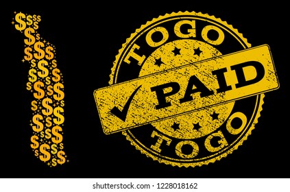 Golden combination of dollar mosaic map of Togo and paid rubber seal stamp. Vector seal with distress rubber texture and PAID text.