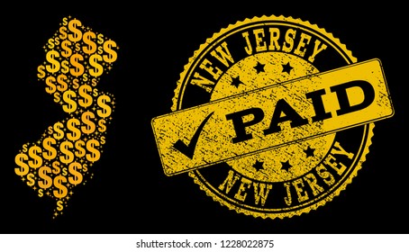 Golden combination of dollar mosaic map of New Jersey State and paid dirty seal stamp. Vector seal with corroded rubber texture and PAID caption.
