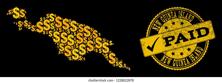 Golden combination of dollar mosaic map of New Guinea Island and paid rubber seal stamp. Vector watermark with corroded rubber texture and PAID text.