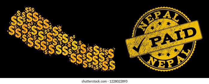 Golden combination of dollar mosaic map of Nepal and paid corroded seal stamp. Vector seal with corroded rubber texture and PAID text.