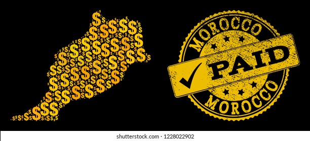 Golden combination of dollar mosaic map of Morocco and paid rubber seal stamp. Vector watermark with unclean rubber texture and PAID text.