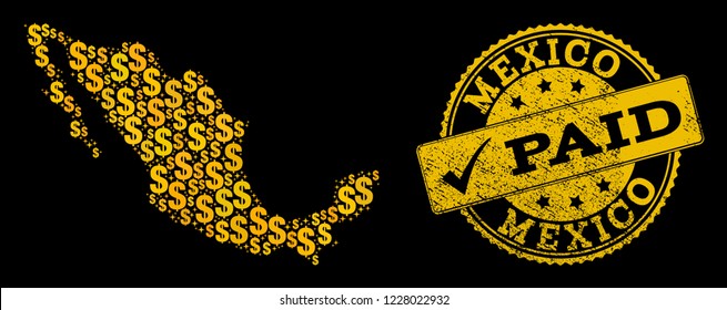 Golden combination of dollar mosaic map of Mexico and paid dirty seal. Vector seal with corroded rubber texture and PAID caption.