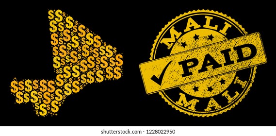 Golden combination of dollar mosaic map of Mali and paid corroded seal. Vector seal with scratched rubber texture and PAID message.