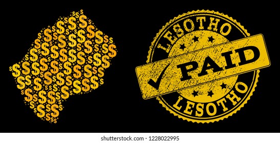 Golden combination of dollar mosaic map of Lesotho and paid unclean seal stamp. Vector seal with unclean rubber texture and PAID caption.
