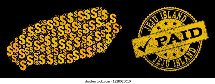 Golden combination of dollar mosaic map of Korean Jeju Island and paid scratched seal stamp. Vector watermark with scratched rubber texture and PAID text.