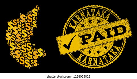 Golden combination of dollar mosaic map of Karnataka State and paid unclean seal stamp. Vector seal with scratched rubber texture and PAID caption.