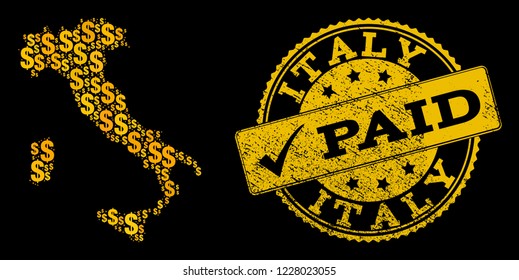 Golden combination of dollar mosaic map of Italy and paid corroded seal stamp. Vector seal with grunge rubber texture and PAID caption.
