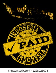 Golden combination of dollar mosaic map of Indonesia and paid rubber seal. Vector seal with distress rubber texture and PAID text.