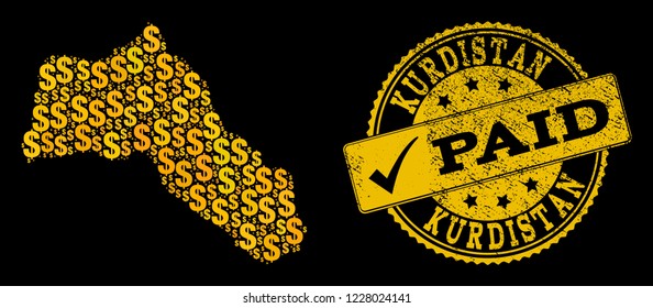 Golden combination of dollar mosaic map of Kurdistan and paid grunge seal stamp. Vector seal with grunge rubber texture and PAID text.