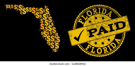 Golden combination of dollar mosaic map of Florida State and paid scratched seal stamp. Vector imprint with scratched rubber texture and PAID caption.