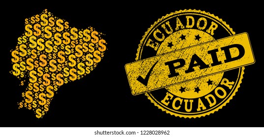 Golden combination of dollar mosaic map of Ecuador and paid rubber seal. Vector seal with distress rubber texture and PAID message.