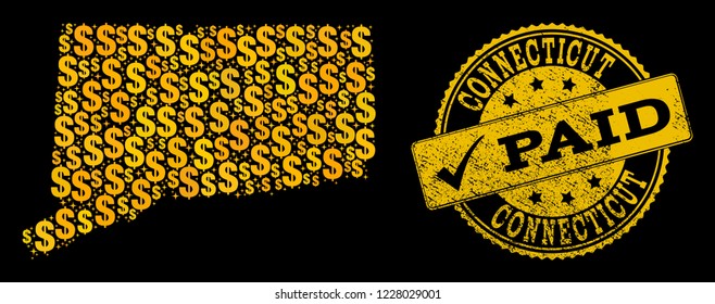 Golden combination of dollar mosaic map of Connecticut State and paid rubber seal. Vector seal with grunge rubber texture and PAID text.