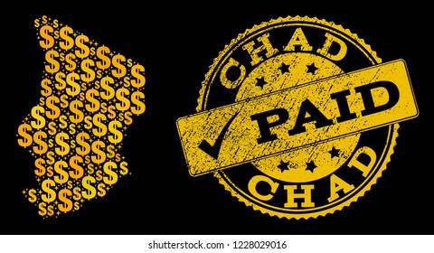 Golden combination of dollar mosaic map of Chad and paid rubber seal. Vector watermark with distress rubber texture and PAID text.
