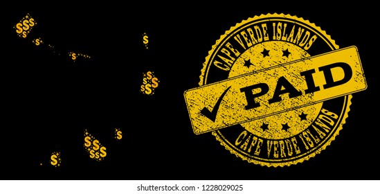 Golden combination of dollar mosaic map of Cape Verde Islands and paid scratched seal stamp. Vector seal with scratched rubber texture and PAID text.