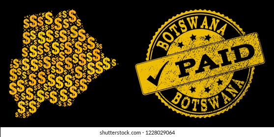 Golden combination of dollar mosaic map of Botswana and paid scratched seal. Vector seal with grunge rubber texture and PAID message.