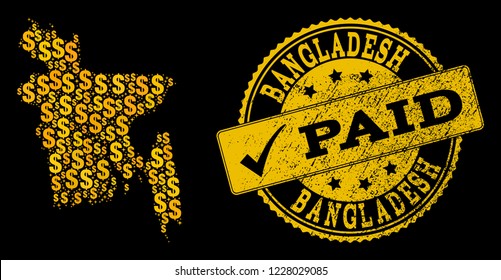 Golden combination of dollar mosaic map of Bangladesh and paid rubber seal. Vector seal with distress rubber texture and PAID caption.