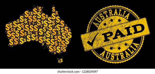 Golden combination of dollar mosaic map of Australia and paid corroded stamp. Vector imprint with corroded rubber texture and PAID text.