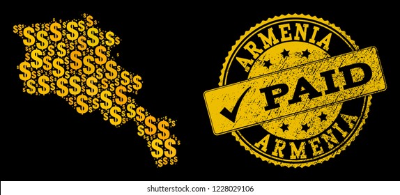 Golden combination of dollar mosaic map of Armenia and paid scratched seal. Vector seal with scratched rubber texture and PAID message.