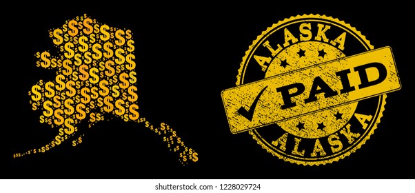 Golden combination of dollar mosaic map of Alaska State and paid grunge seal stamp. Vector seal with grunge rubber texture and PAID caption.