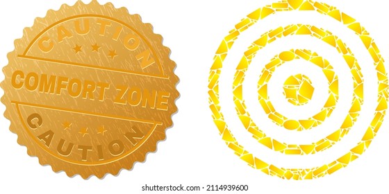 Golden combination of yellow for concentric circles icon, and golden metallic Caution Comfort Zone seal. Concentric circles icon composition is made of randomized gold parts.
