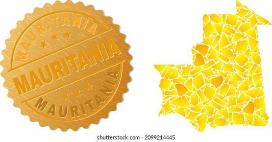 Golden combination of yellow elements for Mauritania map, and golden metallic Mauritania stamp seal. Mauritania map composition is organized with scattered golden parts.
