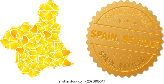 Golden combination of yellow elements for Murcia Province map, and golden metallic Spain, Seville stamp. Murcia Province map mosaic is created from randomized golden elements.